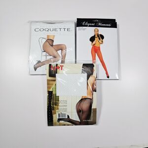 3 Pack Fishnet Pantyhose Tights Bundle NIP Black White Red, One Size Fits Most